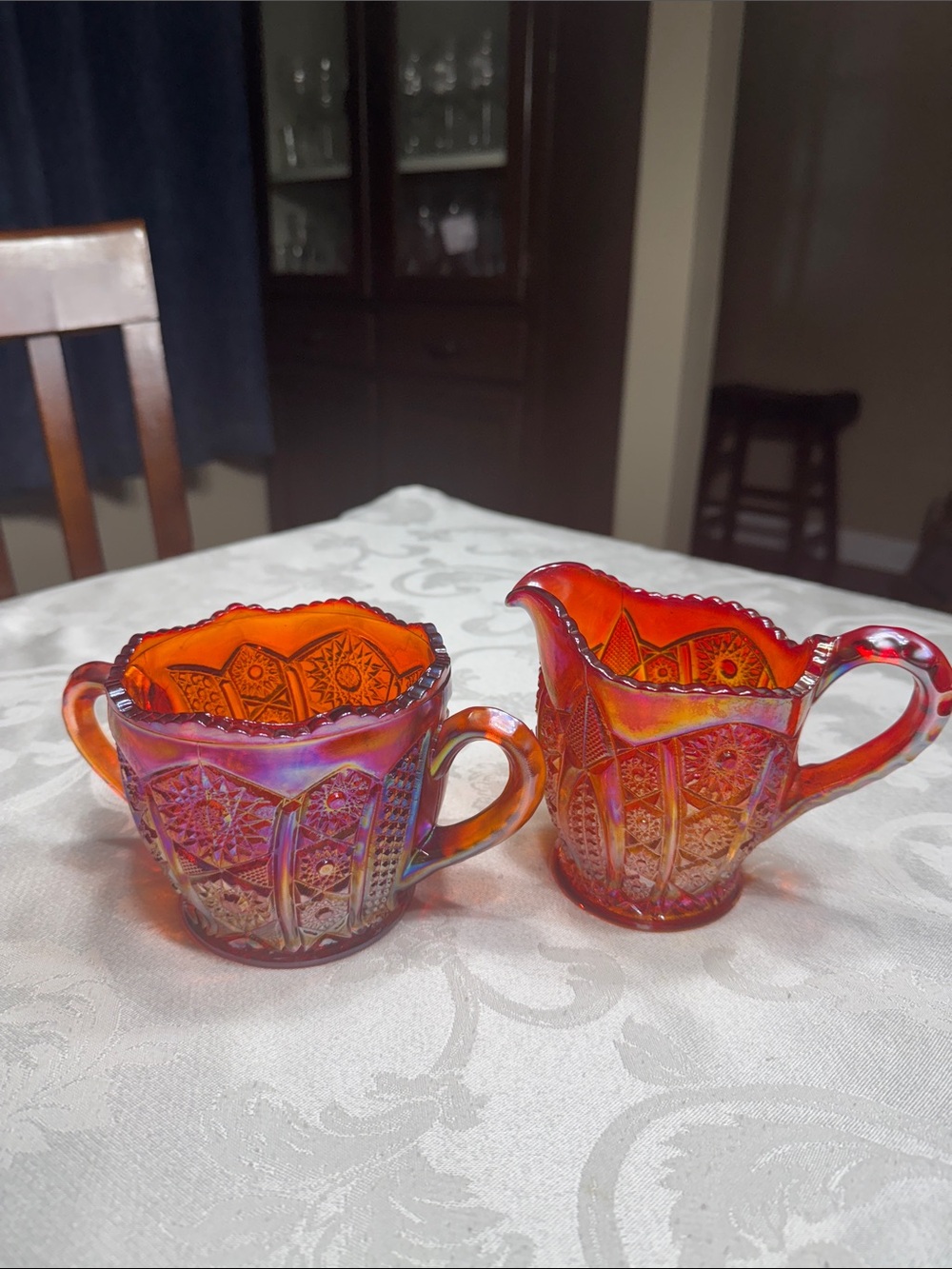 Vtg Indiana glass “ Heirloom Sunset” Amberina irridescent sugar & creamer